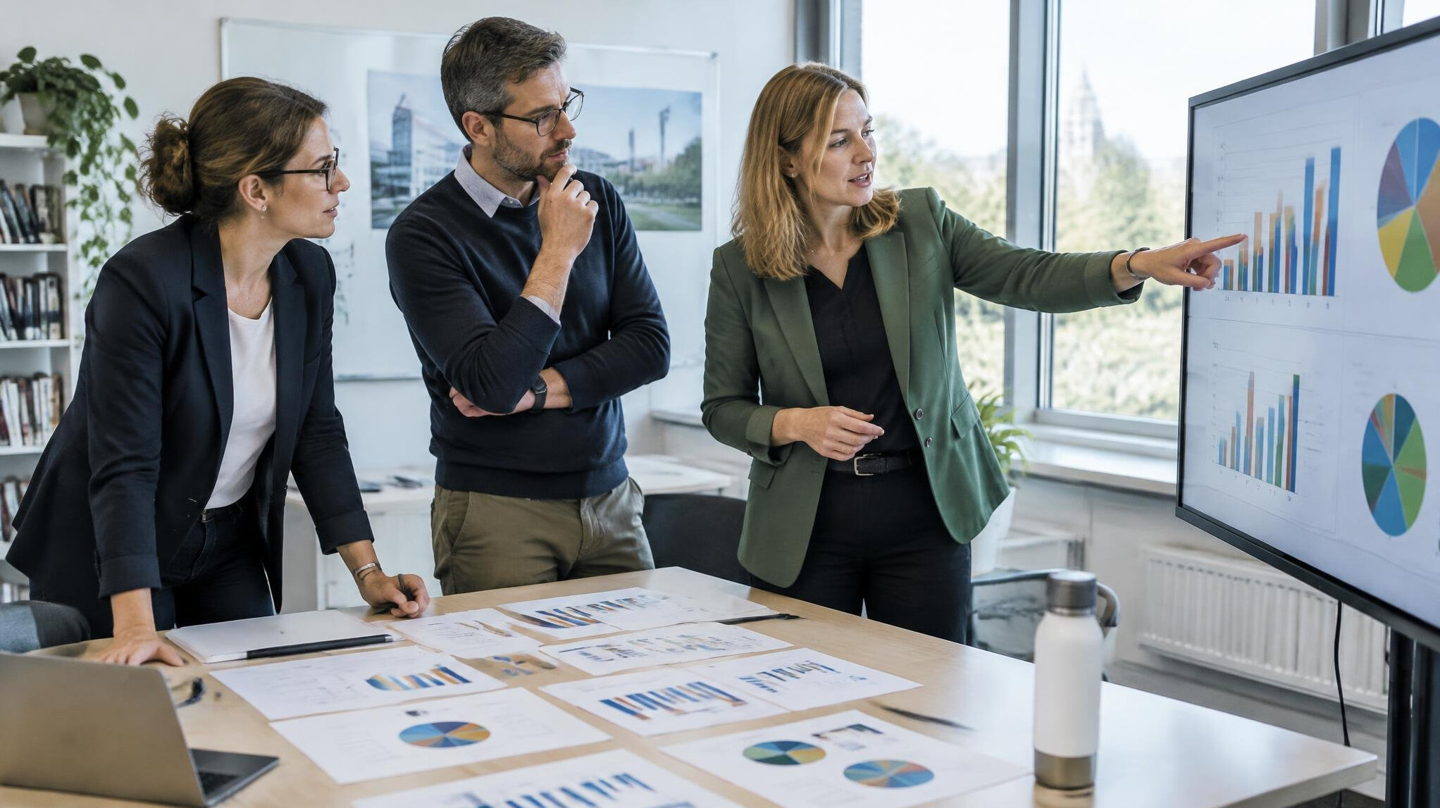 Research team analyzing audience survey data on multiple screens in a modern office