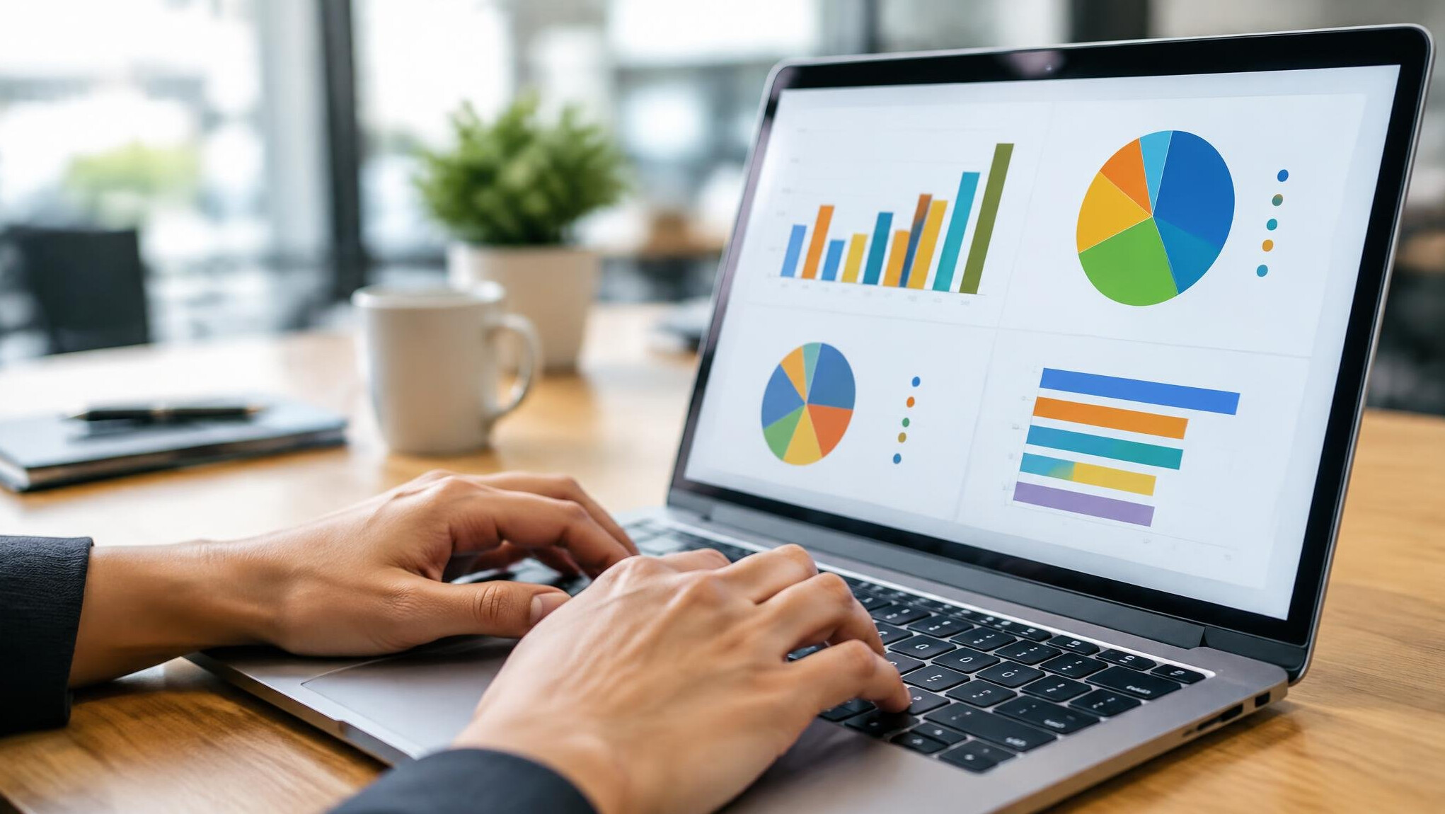 Hands typing on a laptop showing bar and pie charts of survey results